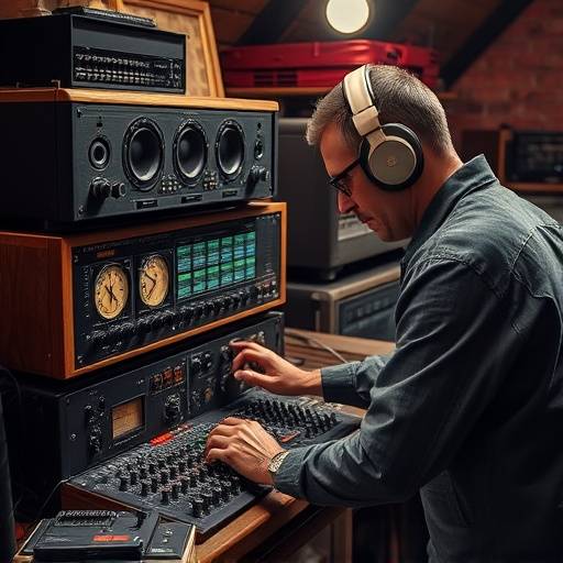 Tecnico audio che utilizza software per il restauro di vecchie registrazioni audio.